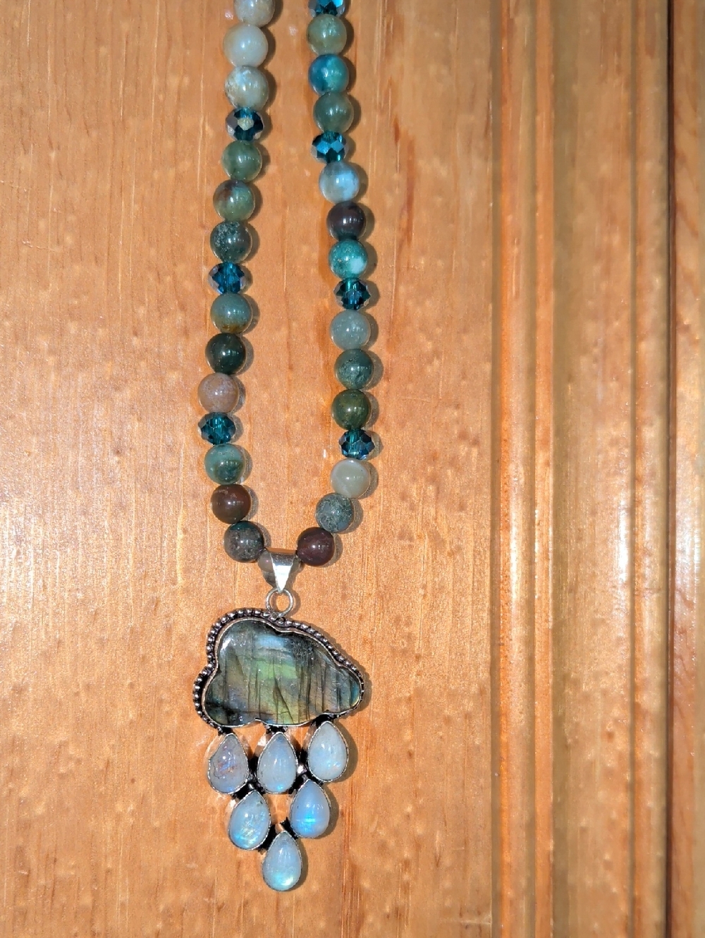 Blue-Green Beaded Necklace with Iridescent Pendant